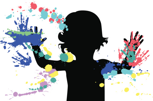Child at the painting process. File includes child's silhouette with assorted blots, splashes and hand prints. All the objects are grouped separately.