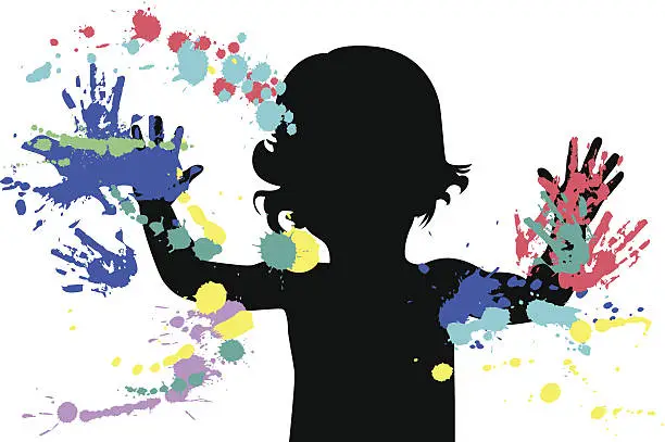 Vector illustration of Outline of a child using different colors of finger paint 