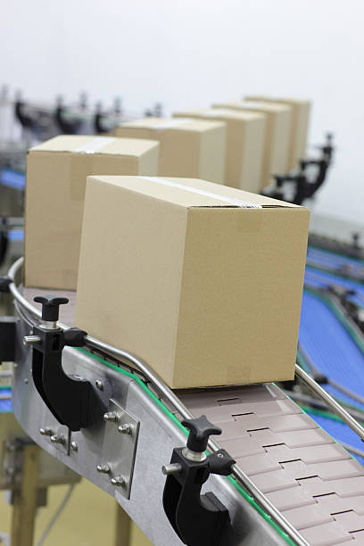 istock Cardboard boxes on conveyor belt in factory 450737381