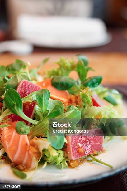 Salad With Rare Fried Tuna And Salmon Stock Photo - Download Image Now - Appetizer, Corn Salad, Crockery