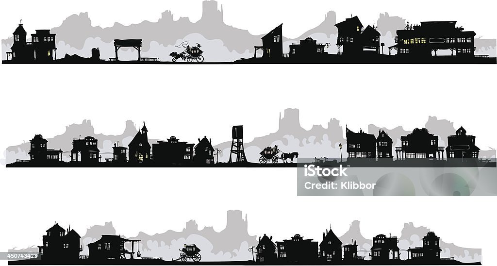 Western style silhouette buildings. Set of western style silhouette buildings with old stagecoach. All in separated layers. In Silhouette stock vector