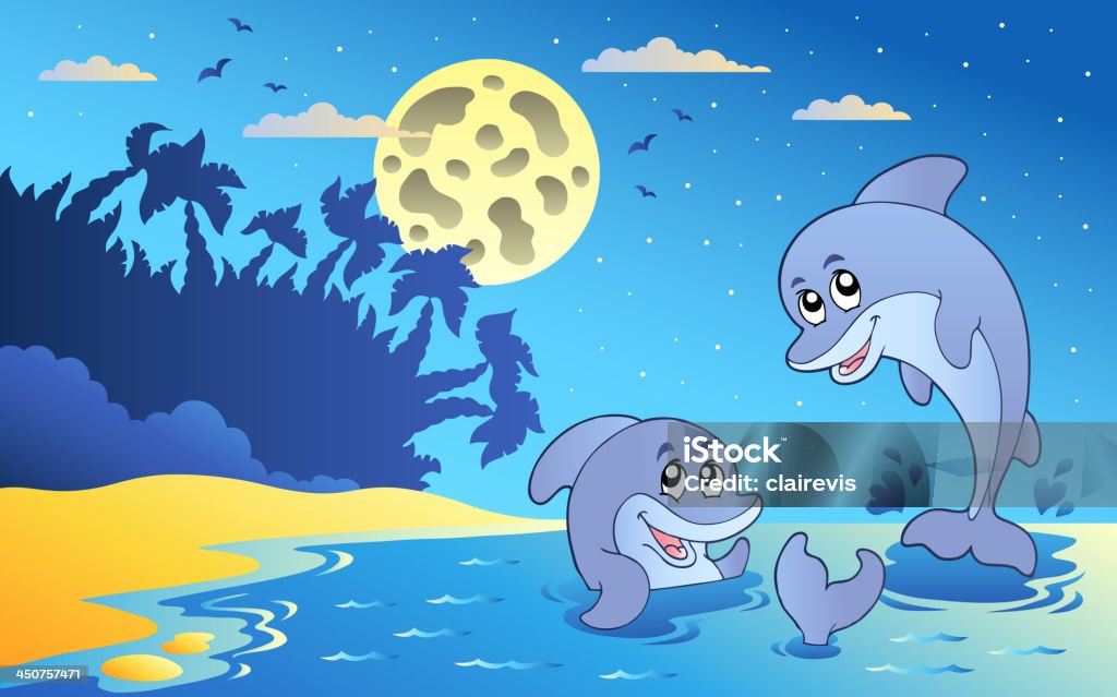 Noche paisaje marino con dos delfines - arte vectorial de Agua libre de derechos