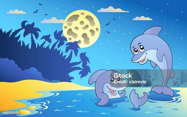 Noite Vista Do Mar Com Dois Golfinhos - Arte vetorial de stock e mais imagens de Animal - Animal, Arte, Arte e Artesanato - Arte visual