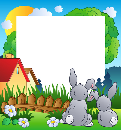 Spring frame with two rabbits - vector illustration.