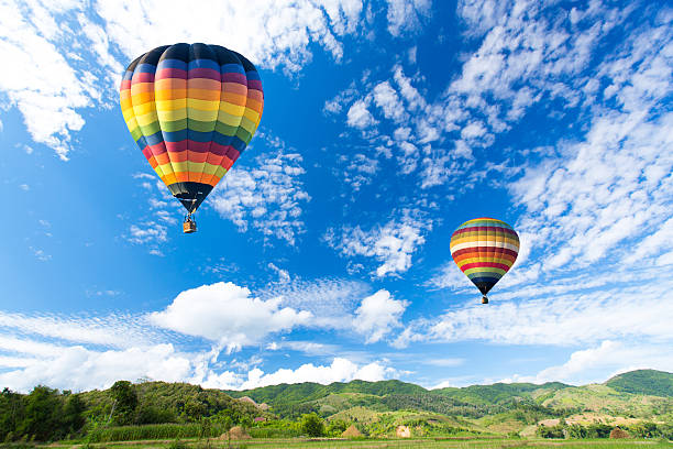 istock Colorful hot air balloon over green field 450762431