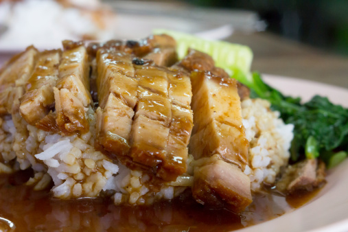 In a close-up view, a plate of Asian-style Roasted Duck over Rice is featured, showcasing the succulent and flavorful dish.