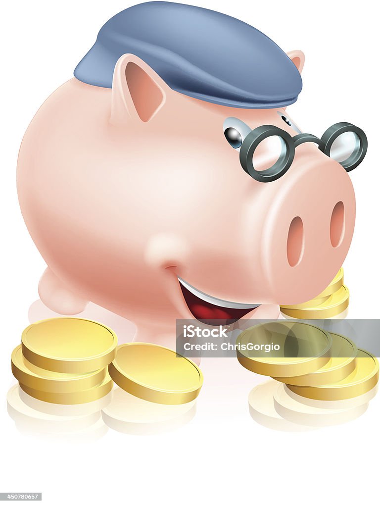 Pensioner savings concept A happy senior piggy bank cartoon character smiling, dressed as an older adult and surrounded by coins. Metaphor for good pension provisions or having saved well for your future. Vector file is eps 10 and uses transparency blends and gradient mesh Banking stock vector