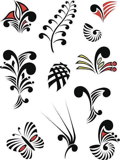 Maori Koru Design Elements Color Set Collection of Maori Koru design elements with color - each object grouped separately koru stock illustrations