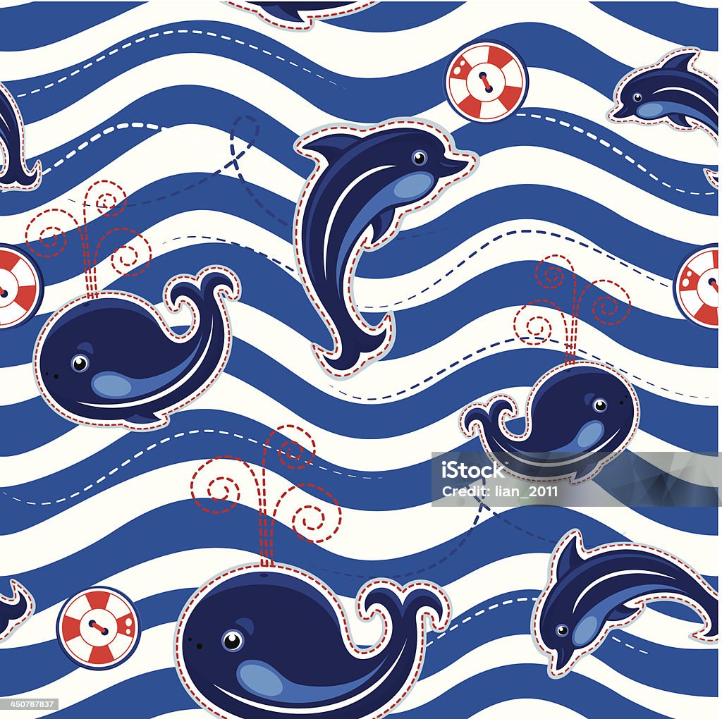 Patrón sin costuras al mar y a los delfines, ballenas sobre fondo de raya - arte vectorial de Abstracto libre de derechos