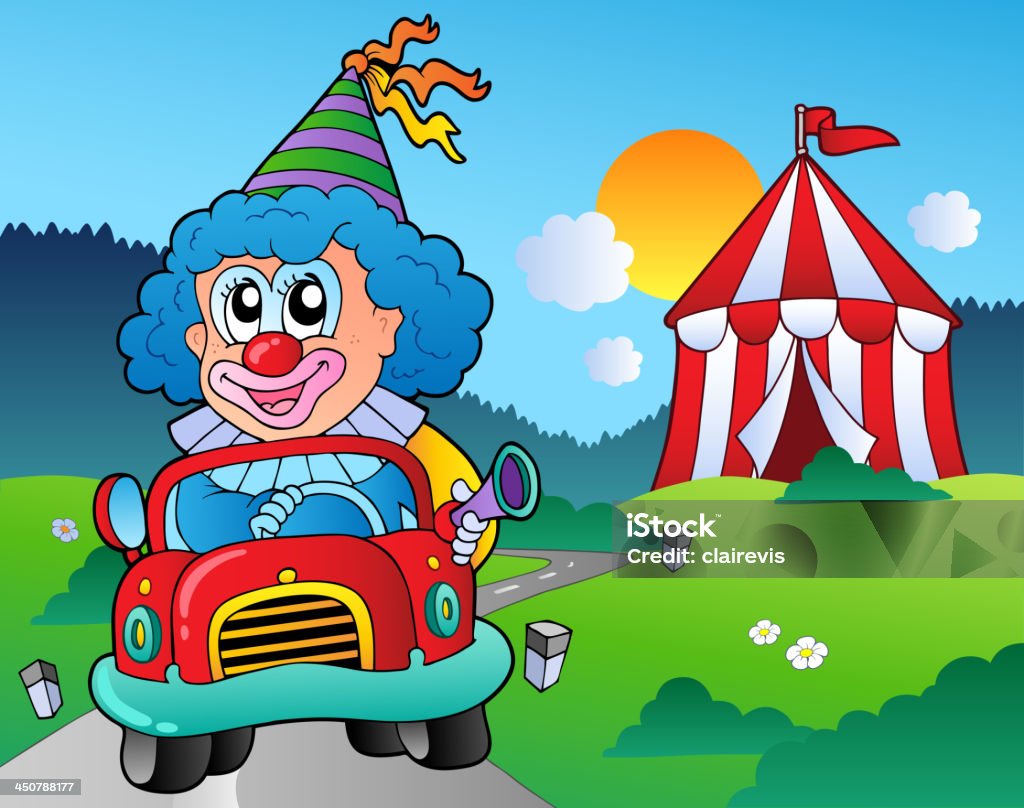 Fumetto di clown in auto vicino Tenda - arte vettoriale royalty-free di Adulto