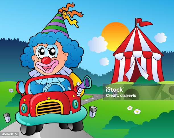 Fumetto Di Clown In Auto Vicino Tenda - Immagini vettoriali stock e altre immagini di Adulto - Adulto, Allegro, Arte