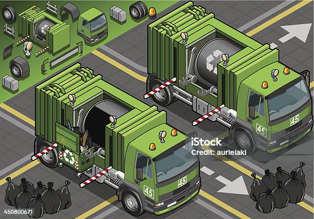 Iisometric ゴミ収集車での正面の眺め - ゴミのベクターアート素材や画像を多数ご用意 - ゴミ, トラック, 投影図