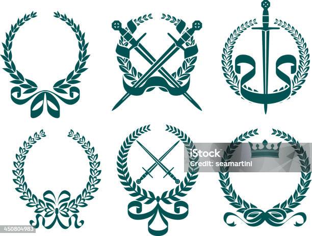 Laurel Wreathes Com Heraldry Elementos - Arte vetorial de stock e mais imagens de Antiguidades - Antiguidades, Brasão, Cor preta