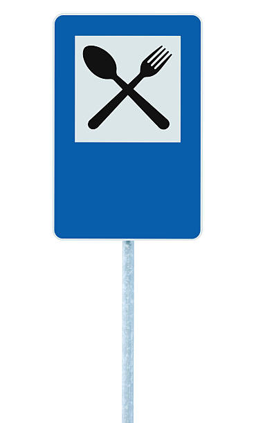 istock Restaurant sign post pole, traffic road roadsign, blue isolated signage 450806443