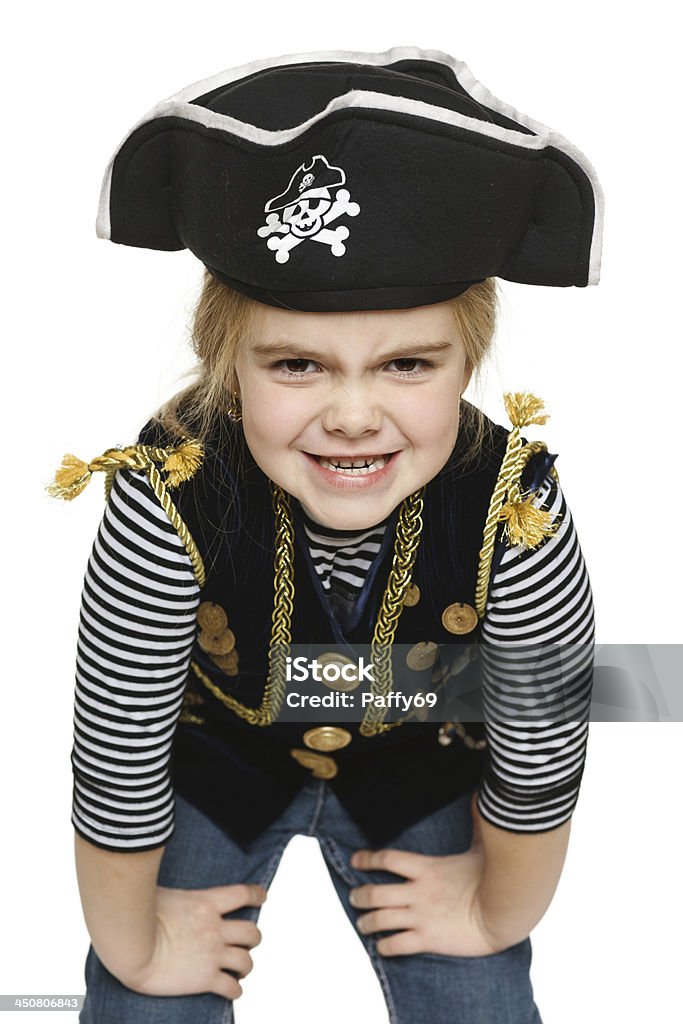 Grinning little girl wearing pirate costume Grinning little girl wearing pirate costume, over white background Child Stock Photo