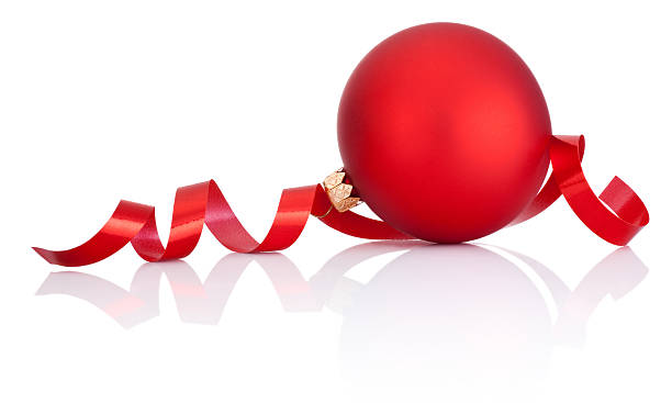 istock Red Christmas ball and curling paper Isolated on white background 450814919
