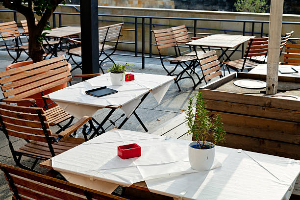 istock empty outdoor tables of waterfront restaurant 450827881
