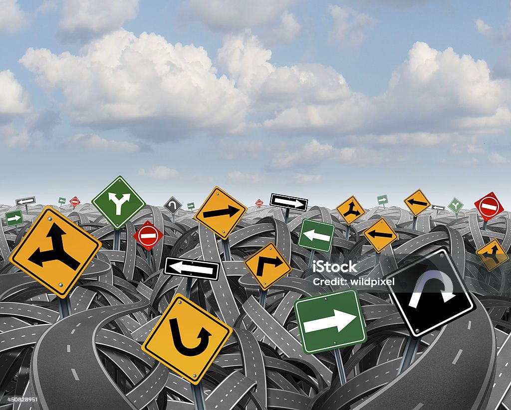 Vector illustration of jumbled roads and signs Direction uncertainty with a landscape of confused tangled roads and highways and a group of traffic signs competing for influence as a symbol of the challenges of planning a strategy for success. Confusion Stock Photo