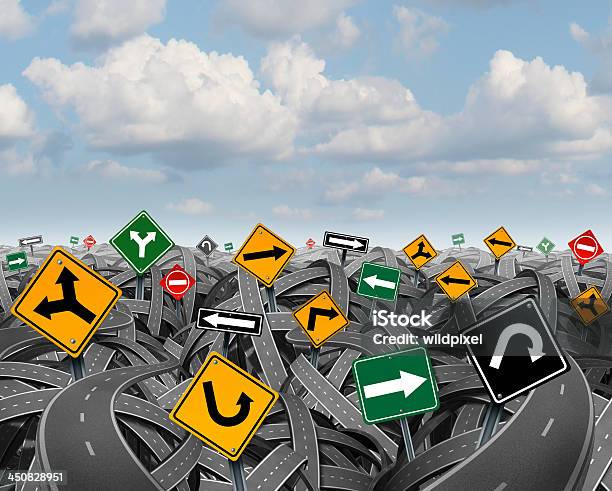 Vector Illustration Of Jumbled Roads And Signs Stock Photo - Download Image Now - Confusion, Direction, Chaos