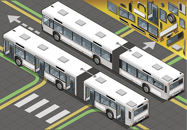 illustrations, cliparts, dessins animés et icônes de isométrique long bus avec des portes ouvertes en vue de dos - isometric car vector land vehicle