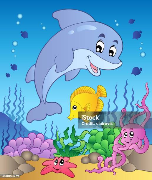 Happy Dolphin At Sea Bottom 1 Stock Illustration - Download Image Now - Animal, Animal Fin, Animal Wildlife