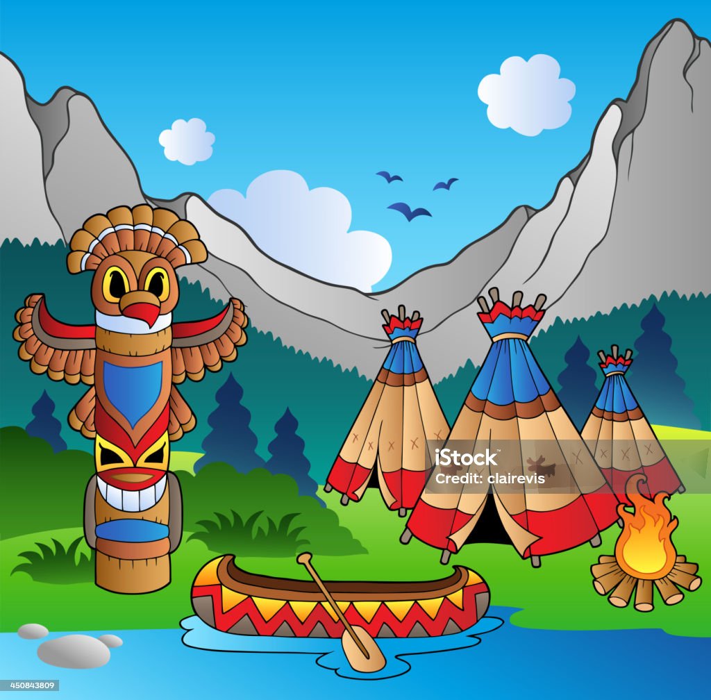 Indian village con totem y canoa - arte vectorial de Asentamiento humano libre de derechos