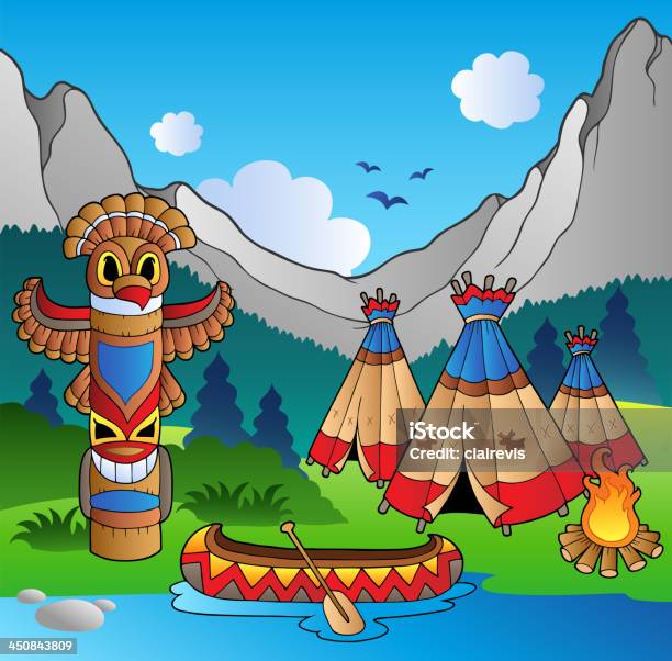 Ilustración de Indian Village Con Totem Y Canoa y más Vectores Libres de Derechos de Asentamiento humano - Asentamiento humano, Cultura de indios norteamericanos, Agua