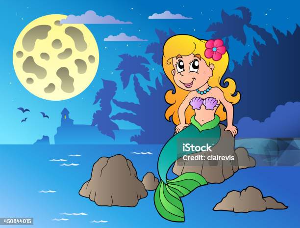 Nocy Seascape Z Kreskówka Syrena - Stockowe grafiki wektorowe i więcej obrazów Bajka - Bajka, Brzeg wody, Dorosły