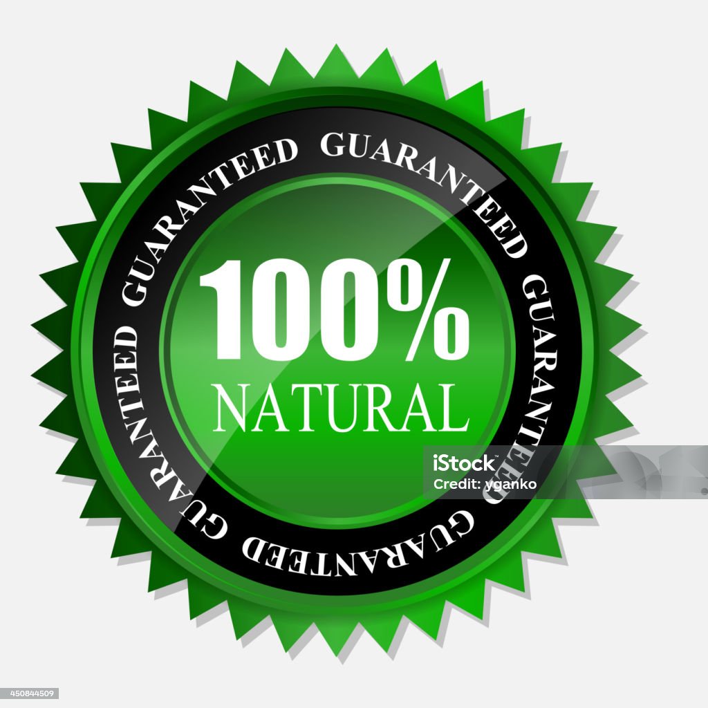 100% natural green label isolated on white.vector illustration 100% natural green label isolated on white.vector illustration. EPS10. Contains transparent objects used for shadows drawing, glare and background. Background to give the gloss. Badge stock vector