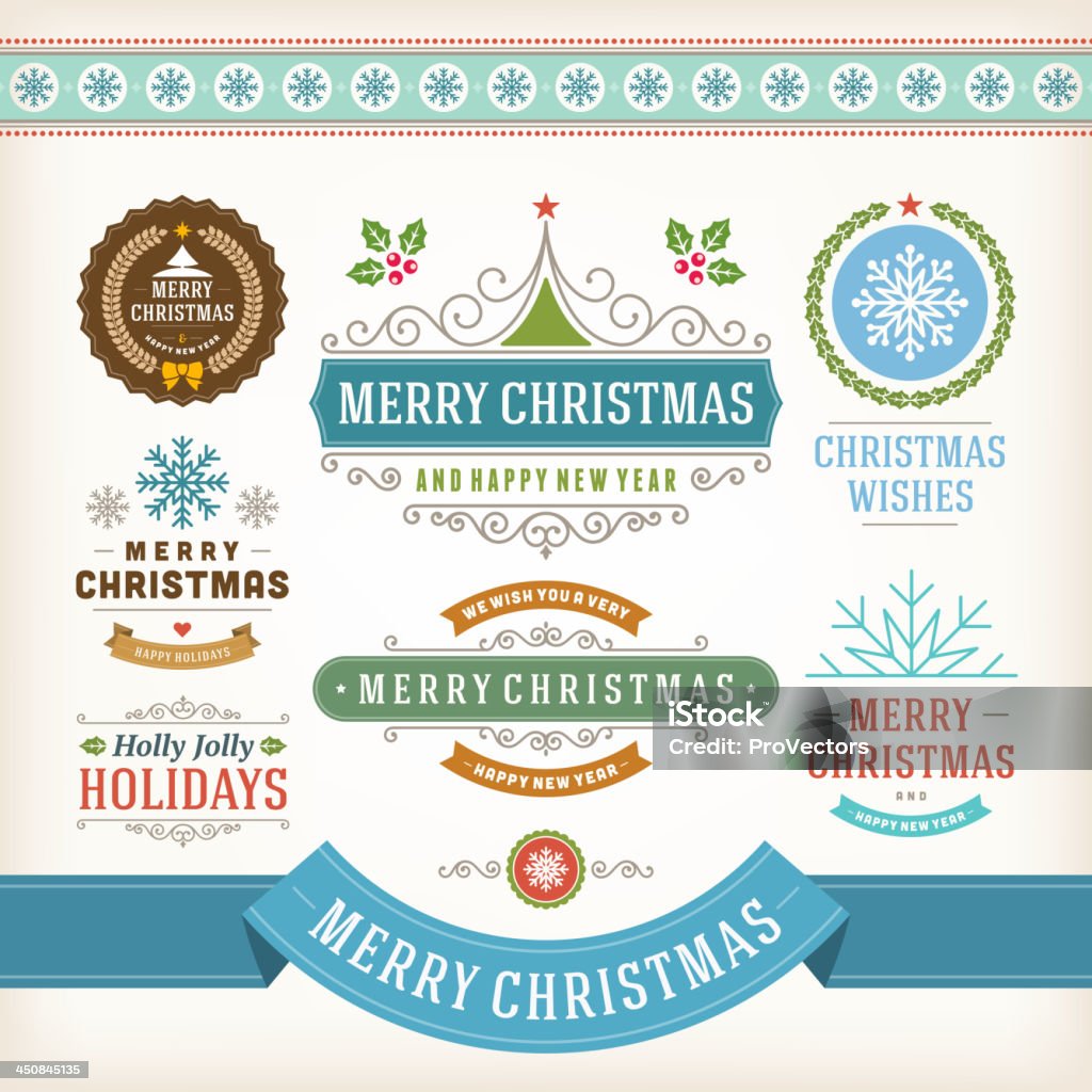 Christmas decoration vector design elements collection Christmas decoration vector design elements collection. Typographic elements, vintage labels, frames, ribbons, set. Flourishes calligraphic. Blue stock vector