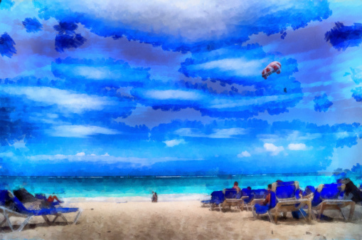 Beautiful seascape on the sandy beach with chaise-longues in Dominican Republic. This image was created as digital imitation of watercolor painting.