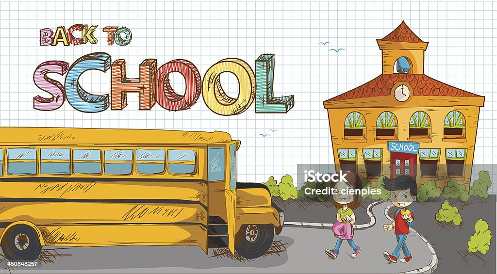 Torna a scuola di edifici, autobus con i bambini illustrazione. - arte vettoriale royalty-free di 14-15 anni