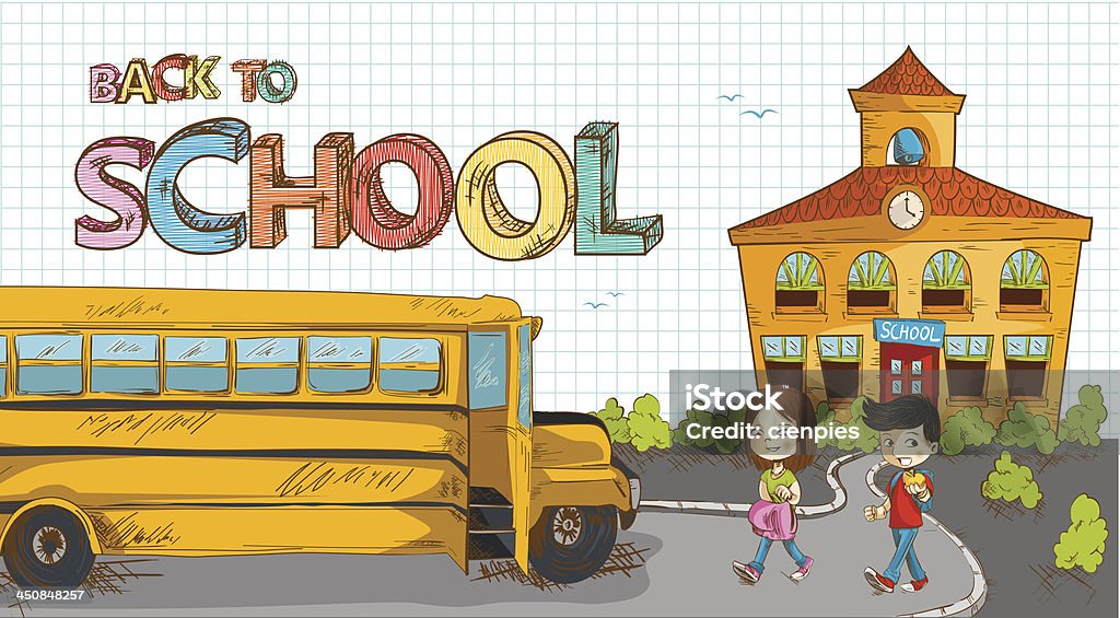 Voltar para a escola de autocarro edifício, com crianças ilustração. - Royalty-free 14-15 Anos arte vetorial