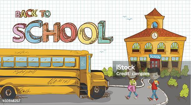 Voltar Para A Escola De Autocarro Edifício Com Crianças Ilustração - Arte vetorial de stock e mais imagens de 14-15 Anos