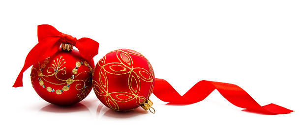 istock Two red christmas balls with ribbon isolated on a white 450868037