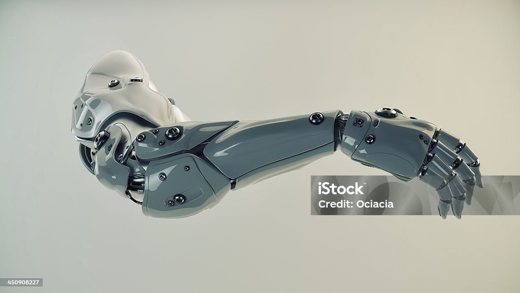 Plastic brawny cyber arm Strong stylish futuristic robot arm prosthesis Prosthetic Equipment Stock Photo