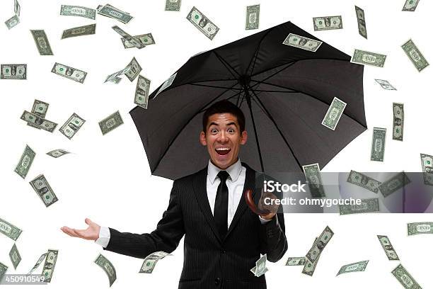 Excited Businessman Raining Money Stock Photo - Download Image Now - Pennies from Heaven, Currency, Rain