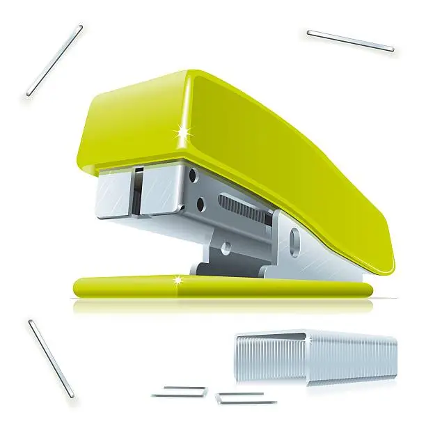 Illustration of little green stapler with staples on the table.