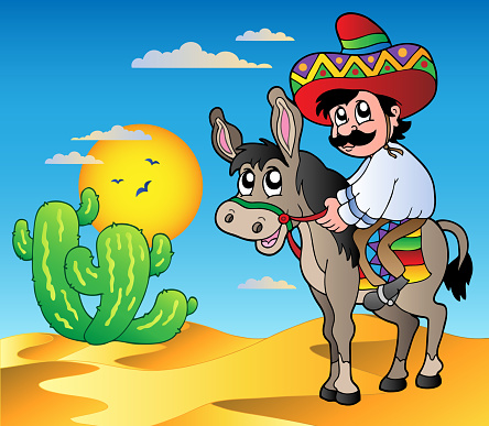 Mexican riding donkey in desert - vector illustration.