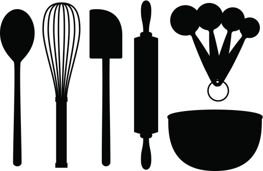A set of baking objects: Wooden spoon, whisk, spatula, rolling pin, measuring spoons and a mixing bowl. Isolated black silhouettes, can be placed onto any colored background.