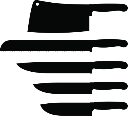 A set of kitchen knives. Isolated black silhouettes, can be placed onto any colored background.