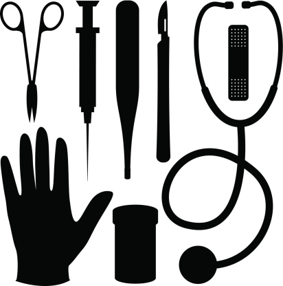 A set of medical supplies: surgical scissors, rubber gloves, syringe, thermometer, pill bottle, scalpel, bandage and stethoscope. Isolated black silhouettes, can be placed onto any colored background.