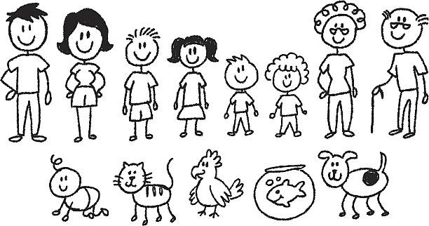 ilustraciones, imágenes clip art, dibujos animados e iconos de stock de stick figura familia - family cartoon child little girls