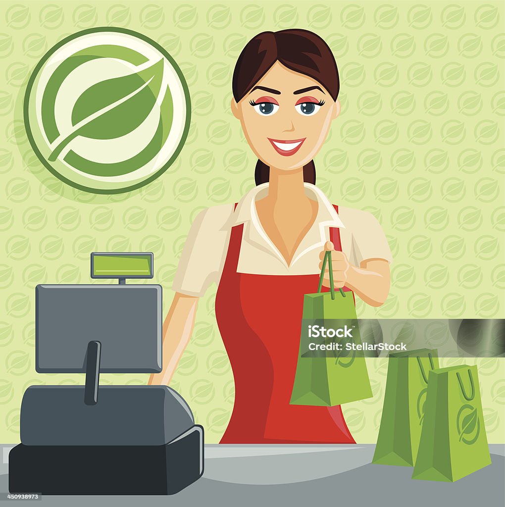 Souriant Caissier fille au magasin Eco vert - clipart vectoriel de Acheter libre de droits