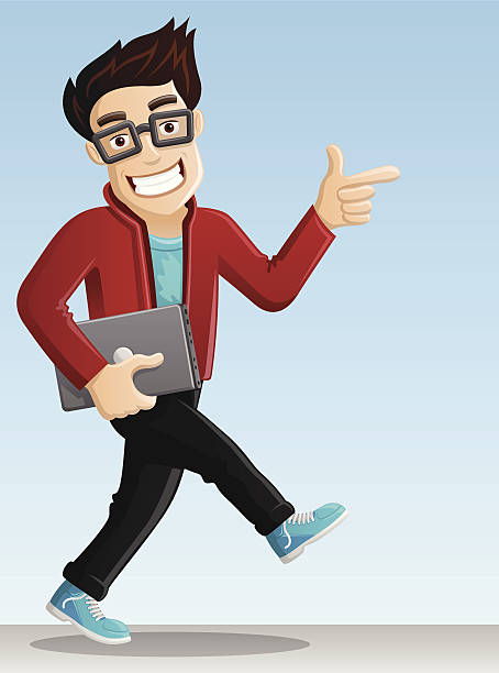 компьютер geek 4-веселый, глядя во время ходьбы - nerd men computer cheerful stock illustrations