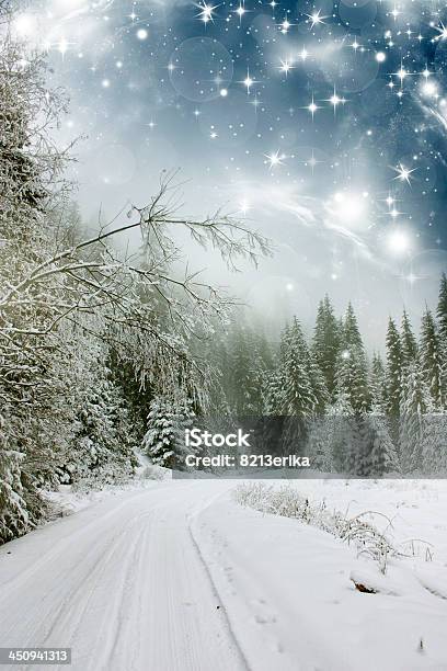 Winter Landscape With Snow Covered Road Stock Photo - Download Image Now - Black Color, Blizzard, Blue