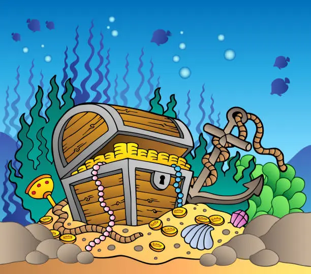 Vector illustration of Sea bottom with old treasure chest