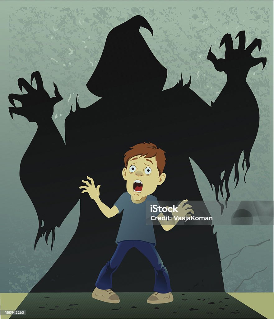 Child's Scary Monster Imagination Image of a boy frozen in fright when confronted by monster shadowy figure. Monster - Fictional Character stock vector