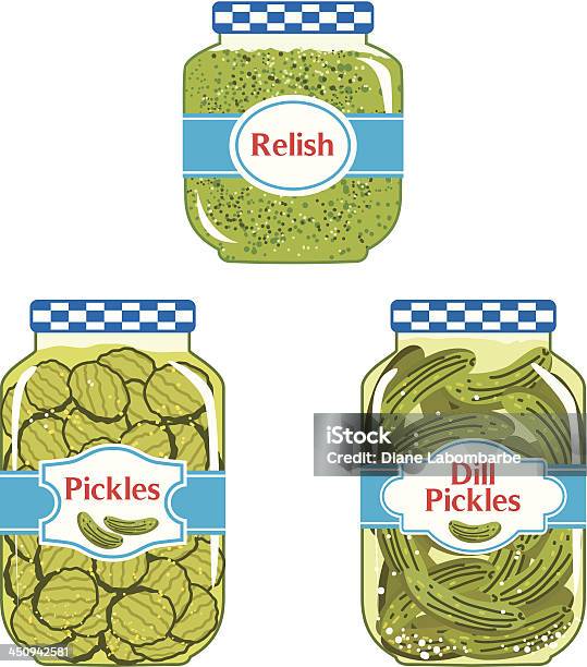 Релиш Pickles И Банки — стоковая векторная графика и другие изображения на тему Солёный огурец - Солёный огурец, Стеклянная банка, Квашеный