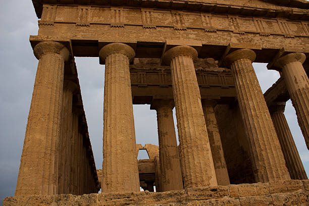 Close up of the main facade of Concordia Temple in early morning light in Agrigento, Italy